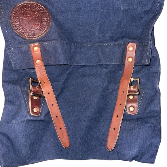 EUC Duluth Pack Scout Backpack Navy Blue Canvas Brown Leather Unisex Adventure - Picture 5 of 9